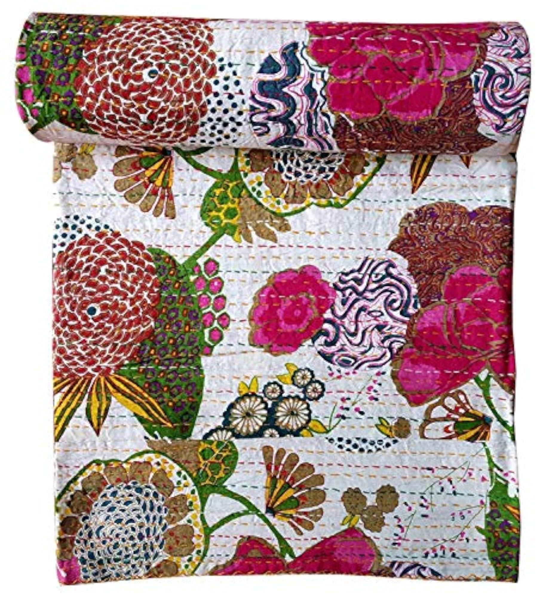 Handmade Cotton Bedspread Kantha Quilt, Bohemian Style